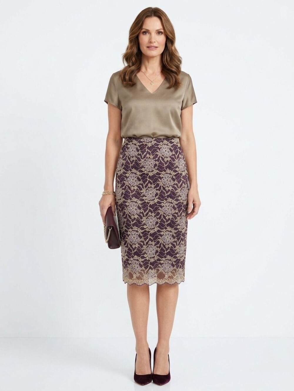 Georgiou Women's Purple Vintage Floral Lace Pull On Midi Skirt Size Small